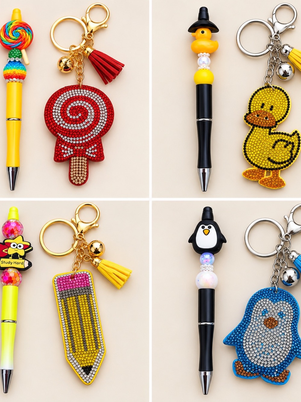 Adorable, set of four pen and keychain sets